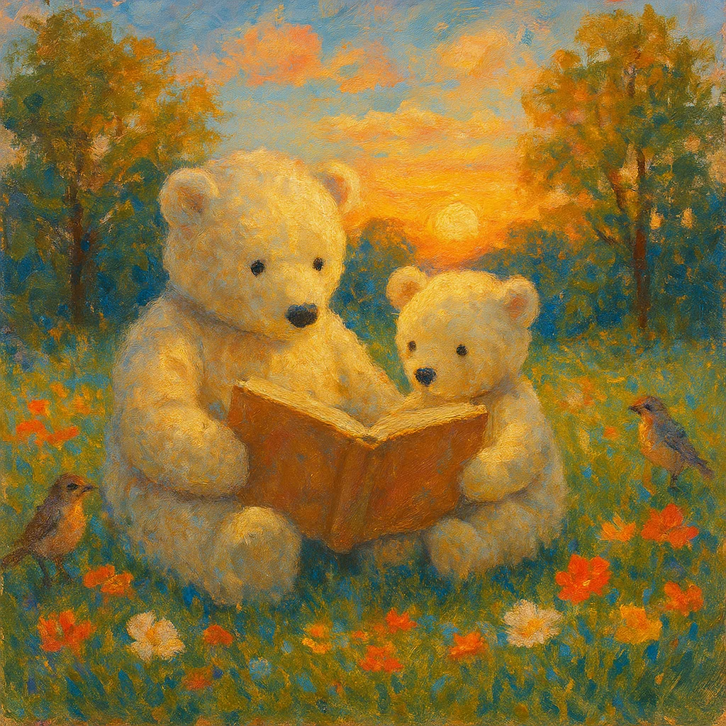 Two bears reading together at sunset, symbolizing the student-tutor relationship