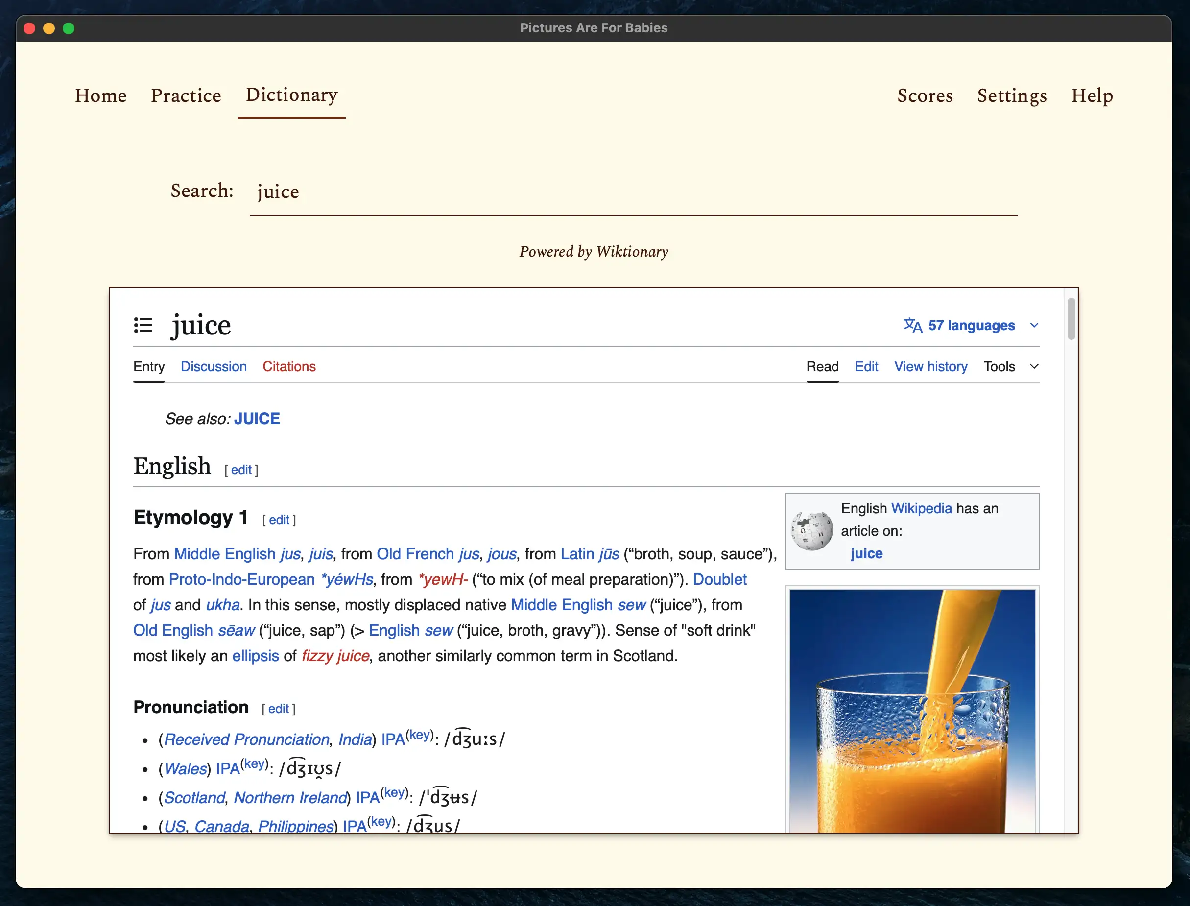 Screenshot of the dictionary tab