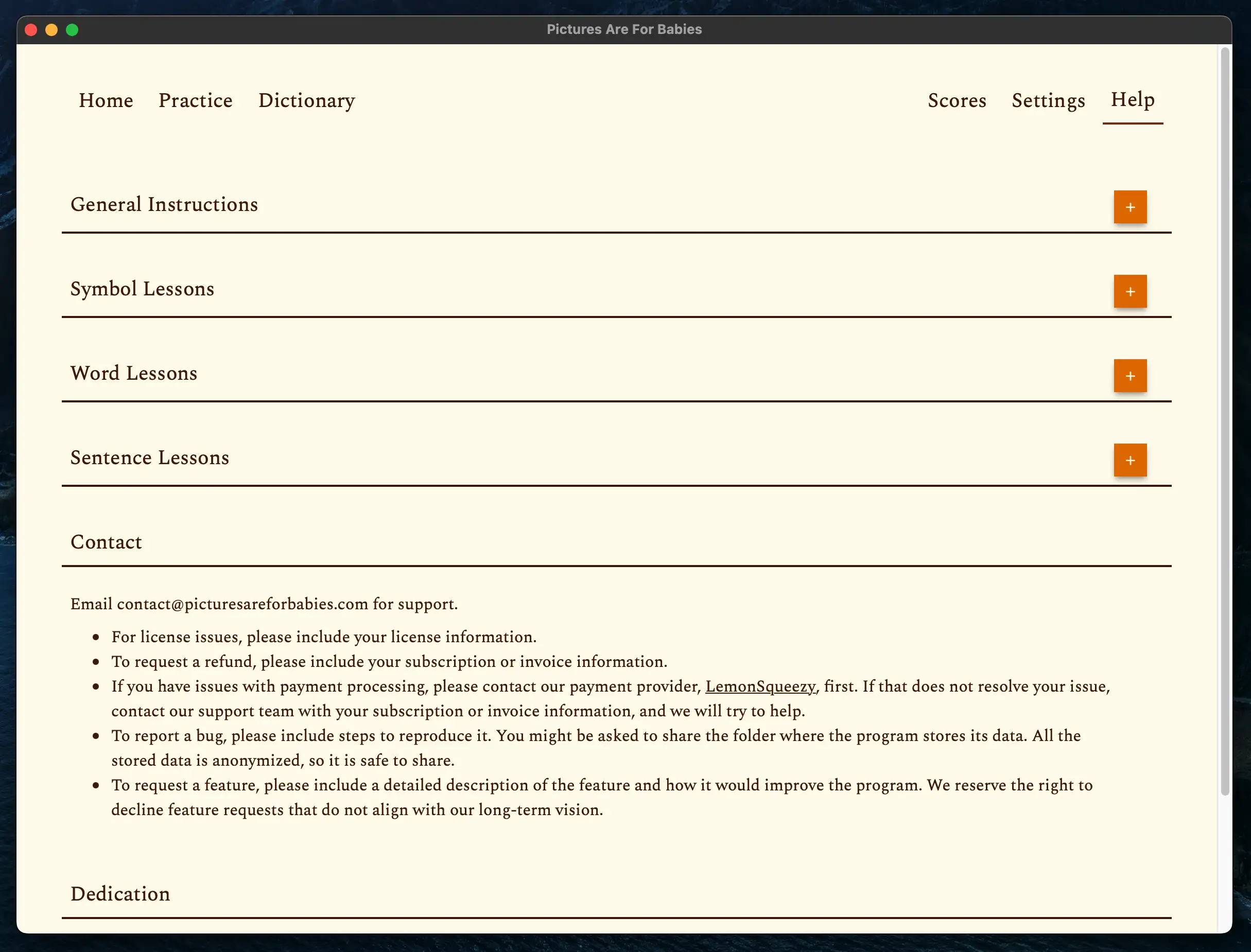 Screenshot of the help tab
