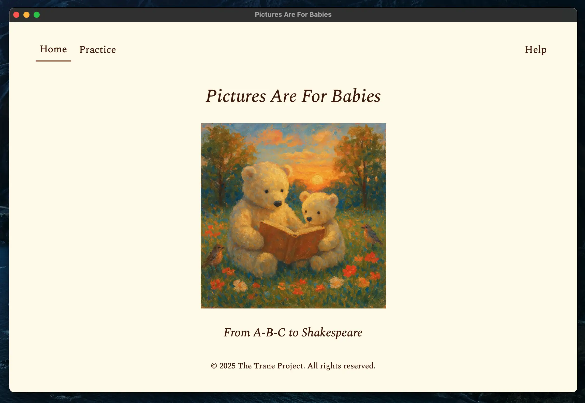 Screenshot of the home tab of Pictures Are For Babies