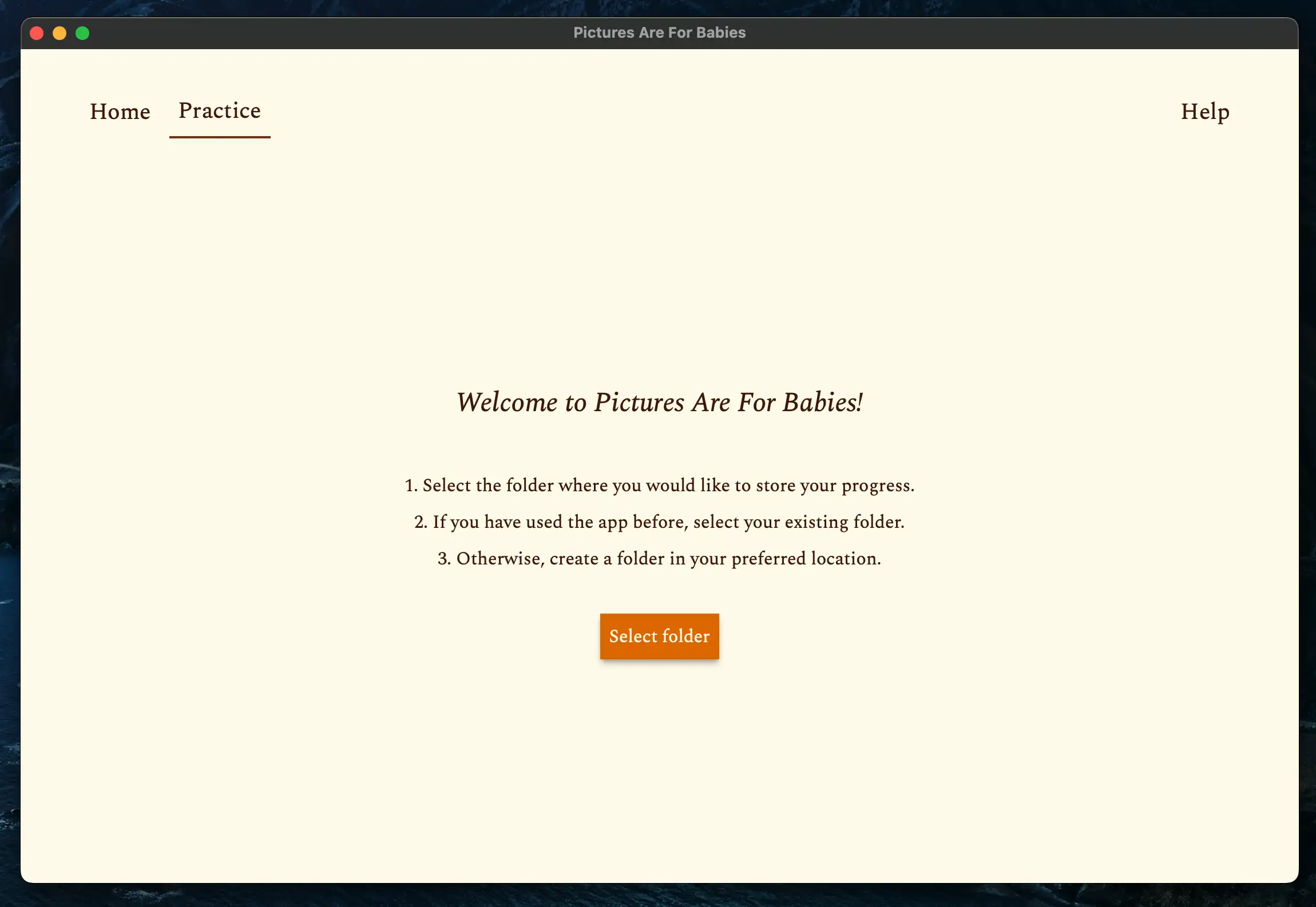 Screenshot of the practice tab when no folder has yet been selected