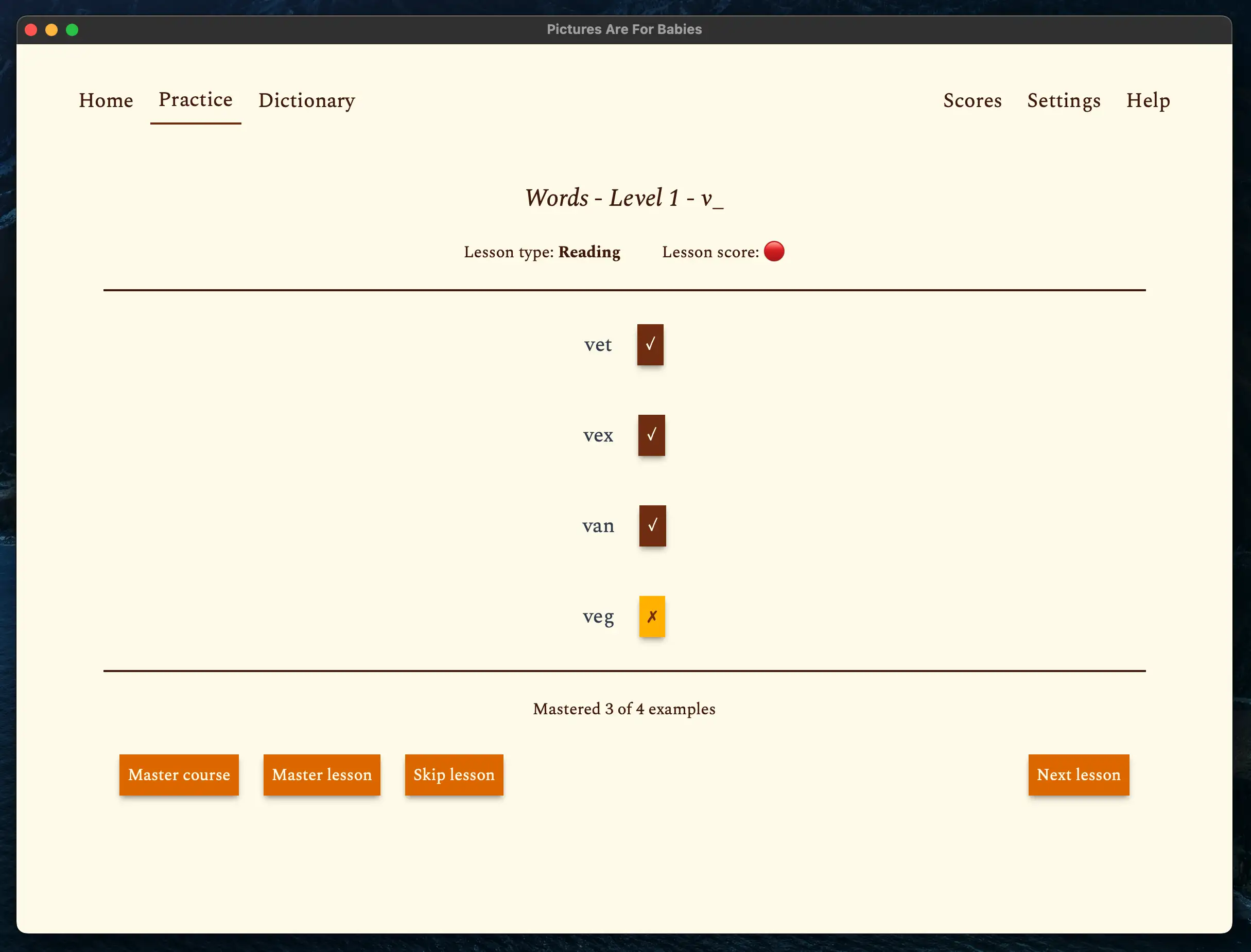 Screenshot of the practice tab with a lesson loaded, showing revealed examples