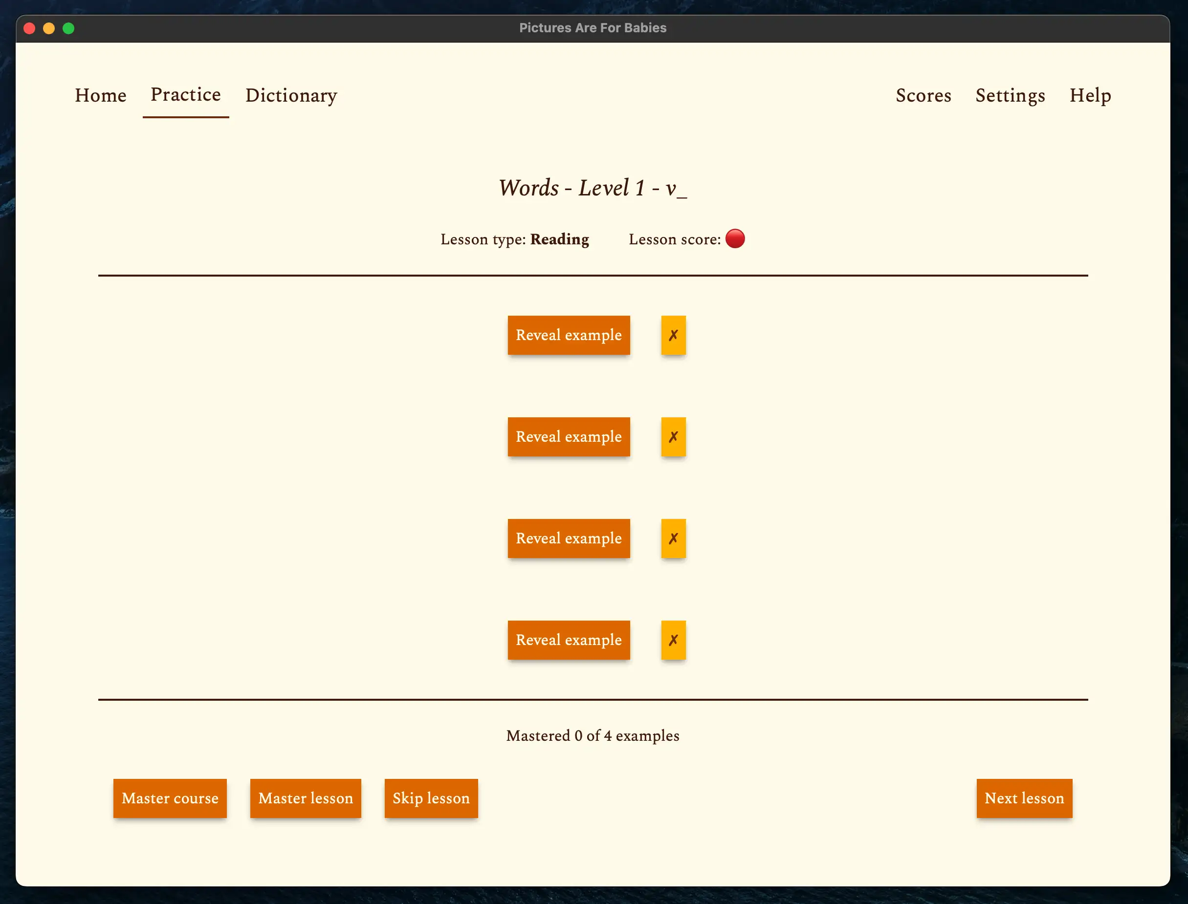 Screenshot of the practice tab with a lesson loaded, showing hidden examples