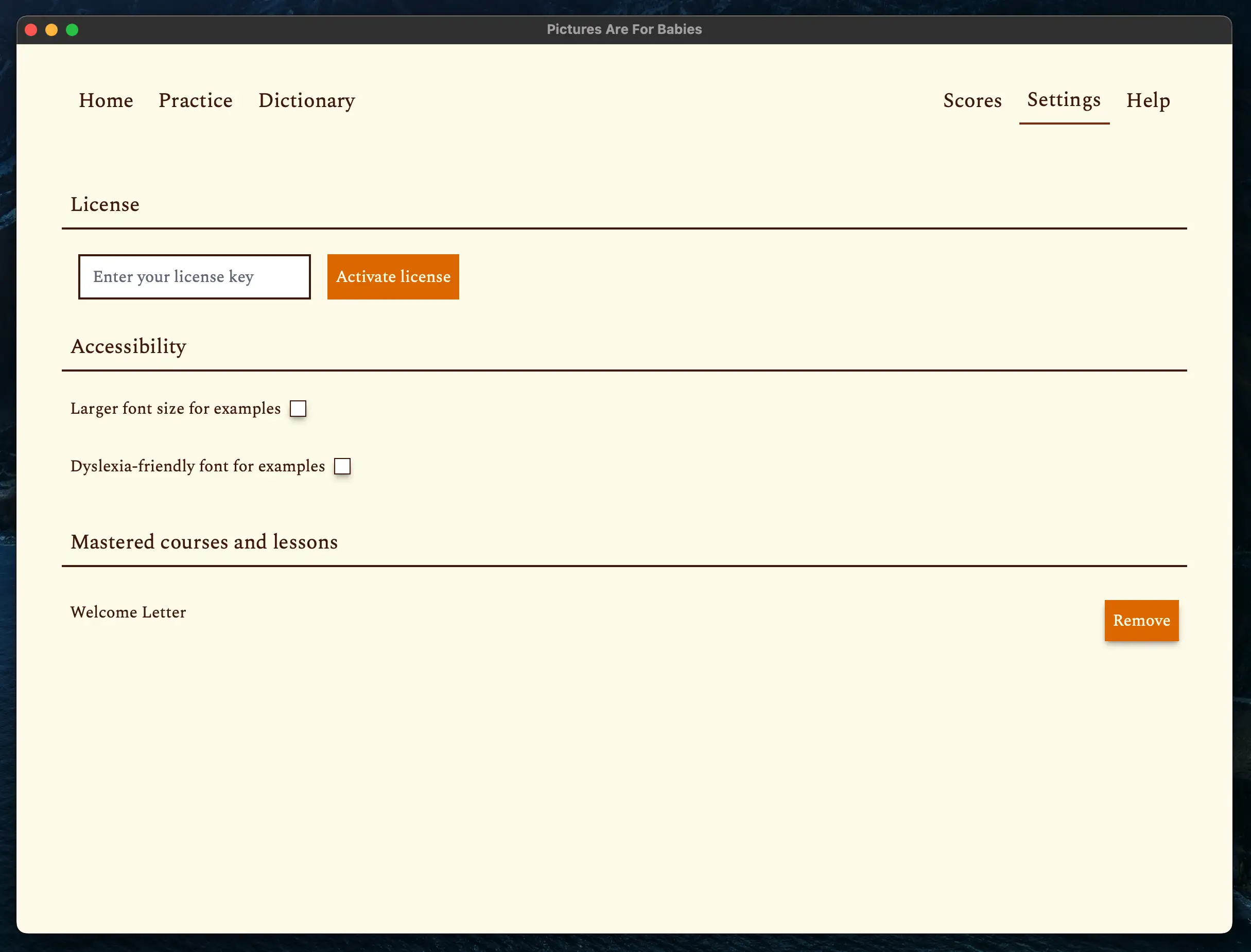 Screenshot of the settings tab with no license entered yet