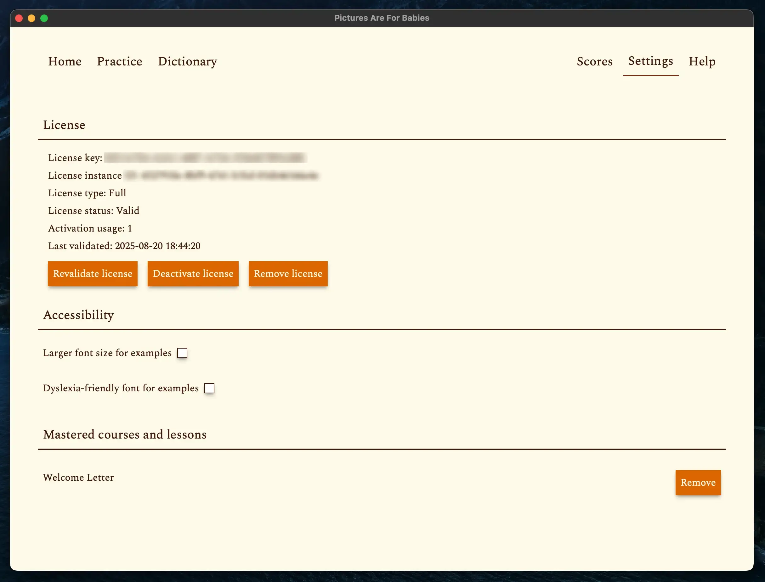 Screenshot of the settings tab with a license activated
